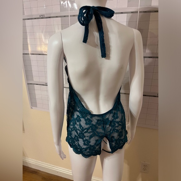 Teal Deep V Halter One Piece Teddy Bodysuit lingerie Crotchless size medium - Picture 5 of 7